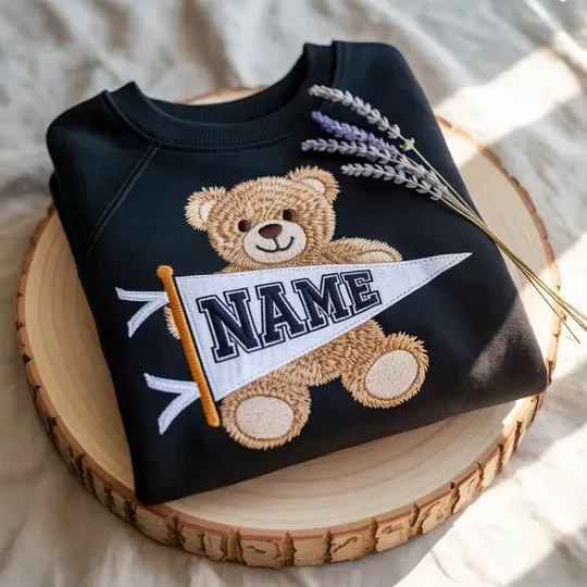Teddy Bear Embroidered Sweatshirt, Custom College Name Embroidery, Cute University Spirit Crewneck, Graduation Gift, School Merch Trend