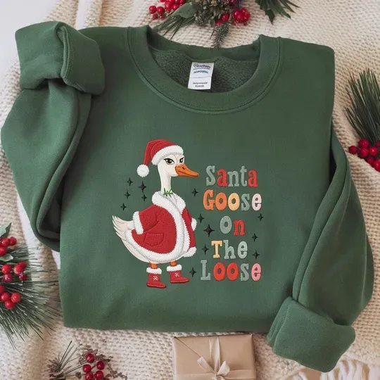 Santa Goose Embroidered Sweatshirt, Funny Christmas Goose Sweatshirt, Santa Goose On The Loose Crewneck, Holiday Sweater