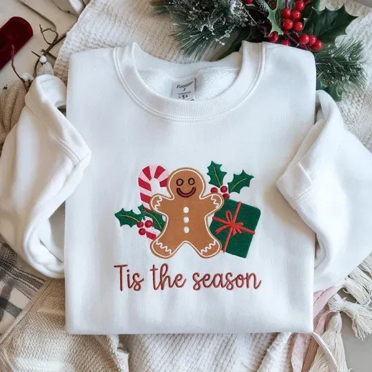 Gingerbread Christmas Embroidered Sweatshirt, Tis The Season Shirt, Holiday Cookie Sweatshirt, Cute Gingerbread Crewneck, Xmas Gift Sweater