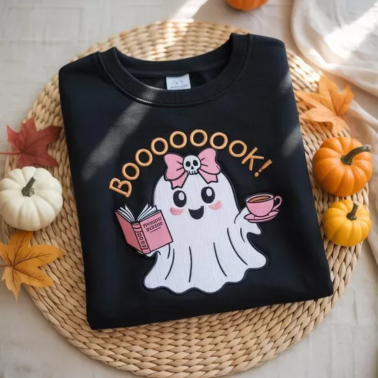 Book Ghost Embroidered Sweatshirt, Coquette Bow Halloween Ghost Sweatshirt, Halloween Book Lover, Spooky Ghost Sweater
