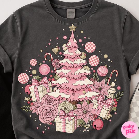 Retro Pink Winter Tree T-Shirt, Christmas Poinsettia Ornament Design, Girly Pastel Holiday Tree Graphic
