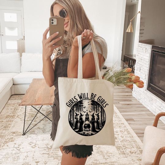 Girls Will Be Girls Witch Tote Bag, Funny Witch Bag, Feminism Bag, Feminist Tote Bag, Halloween Witchy Vibes, Spooky Witch Grocery Bag
