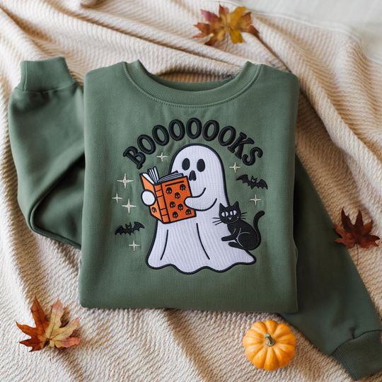 Bookish Halloween Embroidered Sweatshirts, Ghost Reading Book, Cat Fall Sweater, Spooky Book Lover Crewneck, Boo Books Sweatshirts