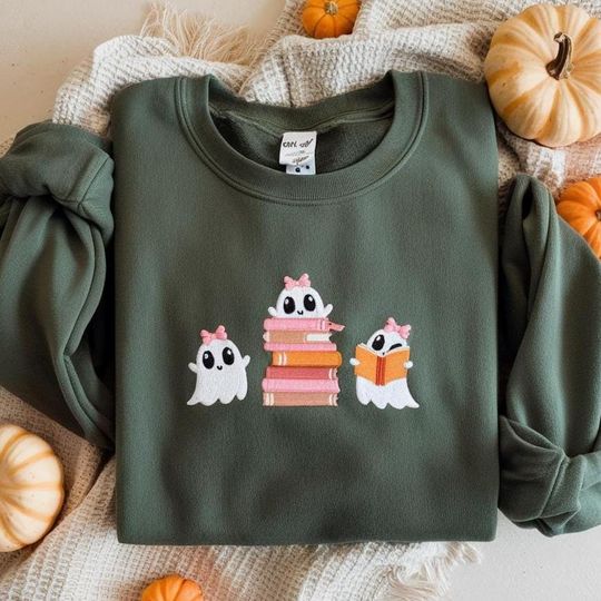 Coquette Bow Halloween Ghost Embroidered Sweatshirt, Halloween Book Lover Crewneck, Reading Ghost Shirt, Cute Bookish Ghost Sweater