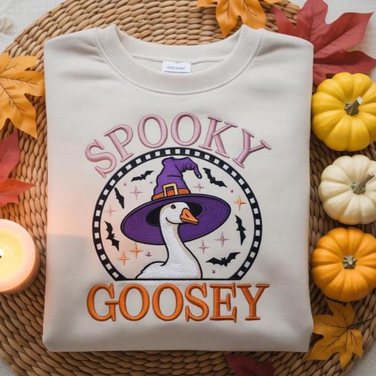 Halloween Spooky Goosey Embroidered Sweatshirts, Witchy Goose Embroider Sweatshirts, Funny Spooky Goose Crewneck, Just a Spooky Goose Sweater, Halloween Party