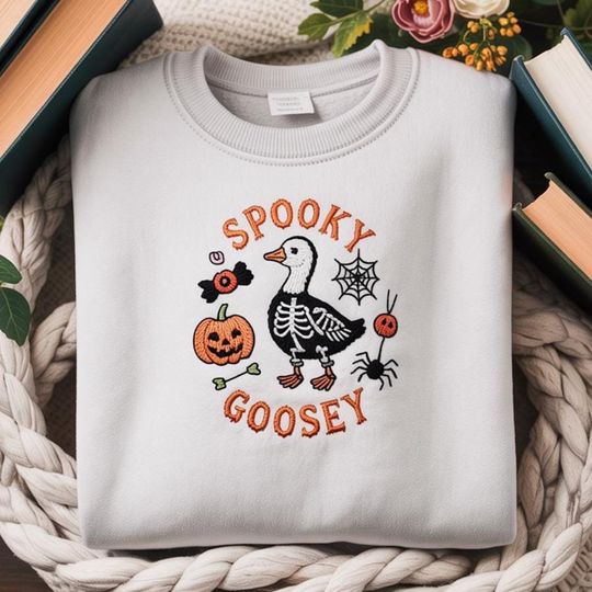 Spooky Goosey Embroidered Sweatshirt, Skeleton Goose Sweatshir, Funny Halloween Goose Sưeater