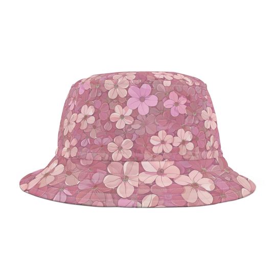 Pink Flower Pattern Bucket Hat, Durable Polyester, Unisex Fashion Accessory