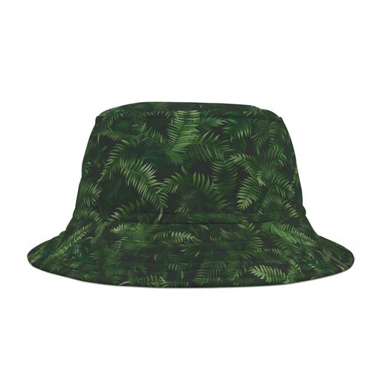 Green Bucket Hat with Fern Pattern, Durable Polyester, Stylish Accessories for Men and Women