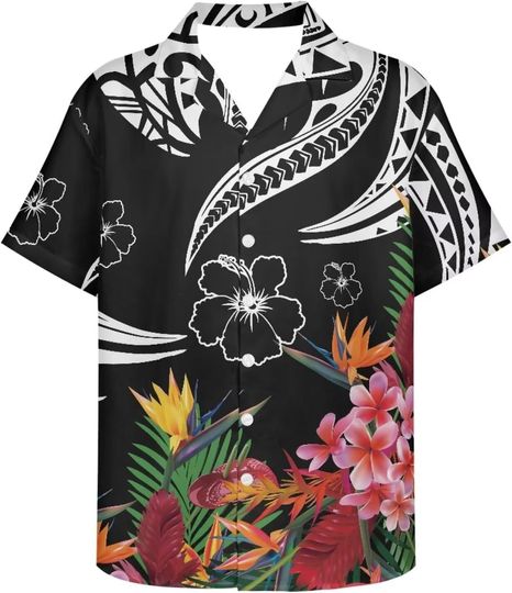AmzPrint Men's Hawaiian Shirt Hawaiian Island Luau Party Button Down Shirt