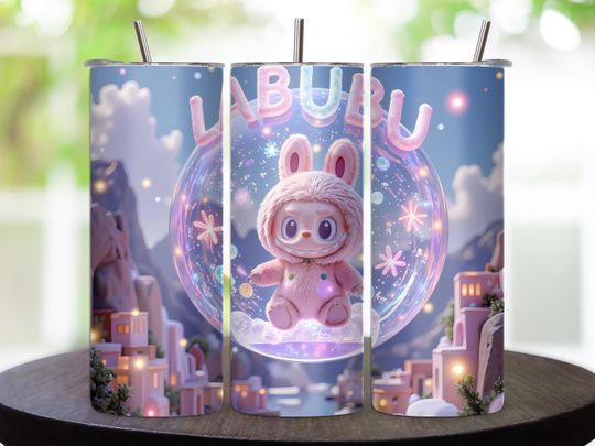Labubu 20oz Tumbler Wrap, Cute Pink Cartoon Character Tumbler Design, Straight Skinny