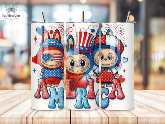 Patriotic Labubu USA Flag 20oz Skinny Tumbler Wrap, Funny Cartoon Labubu