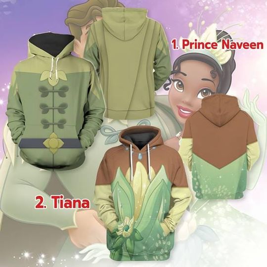 Tiana Princess Costume Hoodie, Princess and the Frog Shirt, Halloween Prince Naveen Costume for Family Group Hoodie, Halloween Cosplay