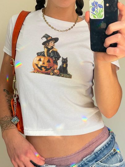 Halloween Baby Tee Black Cat Pumpkin Spooky Season T-Shirt