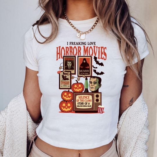 Halloween Baby Tee, Horror Movie Style, 90s Retro Monster T-Shirt, Spooky Season T-Shirt