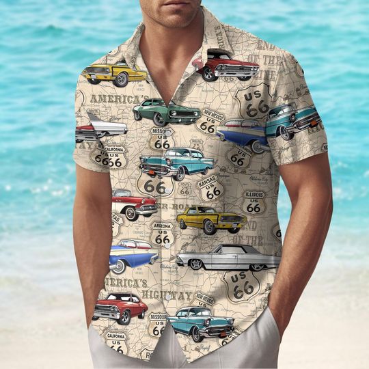 Classic Car Hawaiian Shirt, Vintage Retro Aloha Beach Shirt, Summer Vacation Family Gift for Him