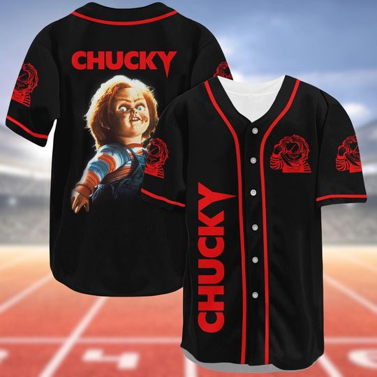 Chucky Baseball Jersey, Horror Movie Jersey Shirt, Child's Play Killer Outfit, Scary Slasher Apparel, Halloween Wanna Play Jersey Top