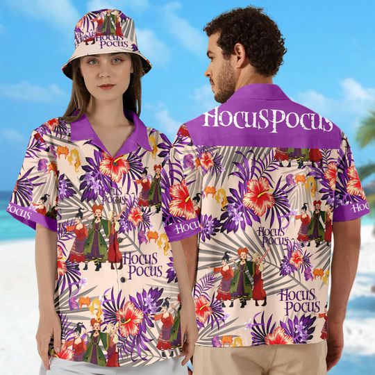 Sanderson Sisters Halloween Hawaiian Shirt, Hocus Pocus Floral Summer All Over Print Button Up, Horror Movie Tropical Summer Hawaii Shirt