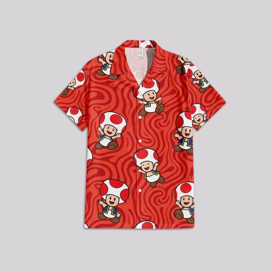 Toad Super Mario Swirling Hawaiian Shirt, Toad Hawaiian shirt, Super Mario Summer Vacation Shirt, Super Mario Game Fans Gift
