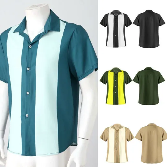 Men Retro Classic Two Tone Guayabera Bowling Casual Dress Shirts Camp Shirts