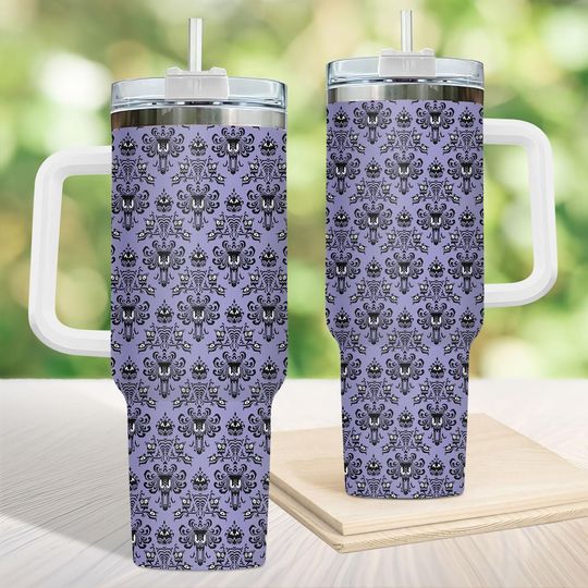 Haunted Mansion Wallpaper 40 oz Tumbler With Handle, Foolish Mortals Drinkware, Hitchhiking Ghosts Stainless Tumbler, Horror Movie Gift