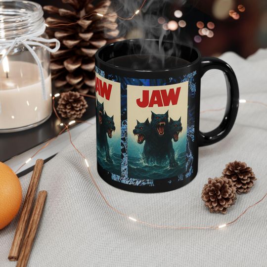 Cerberus Terrifyingly Fun Jaws Inspired Black Mug, For Horror Lovers, Movie Buffs, Mythology Gift Idea, Halloween Decor, Home Office