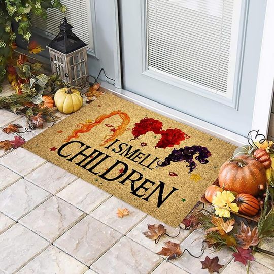 I Smell Children Doormat  Sanderson Sisters Halloween Welcome Mat  Hocus Pocus Porch Decor  Funny Fall Entry Rug  Witchy Door Mat