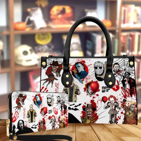 Halloween Horror Movie Characters Leather Bag, Spooky Purse With Wallet