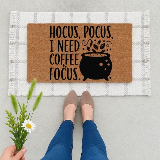 Hocus Pocus Coffee Doormat  Funny Halloween Entry Rug  Witchy Coir Welcome Mat  Fall Porch Decor  I Need Coffee to Focus Door Mat