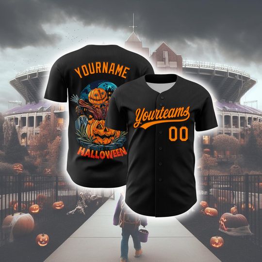 Personalized Halloween Horror Baseball Jersey, Custom Black Bay Orange-brown 3d Pattern Halloween Authentic Baseball Jersey