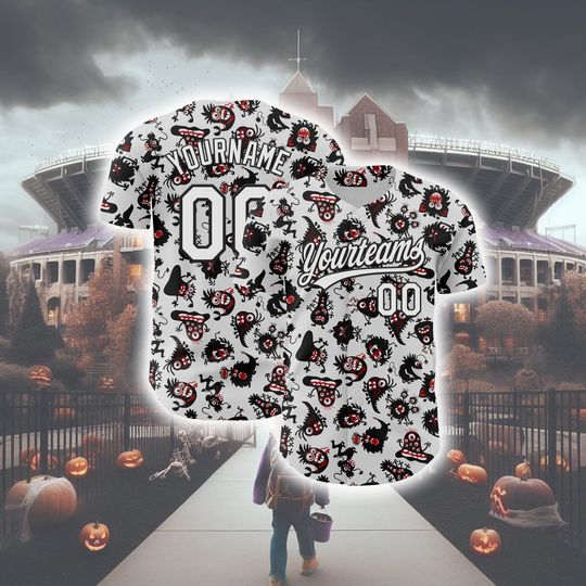 Personalized Halloween Horror Baseball Jersey, Custom White Black 3d Pattern Halloween Authentic Baseball Jersey