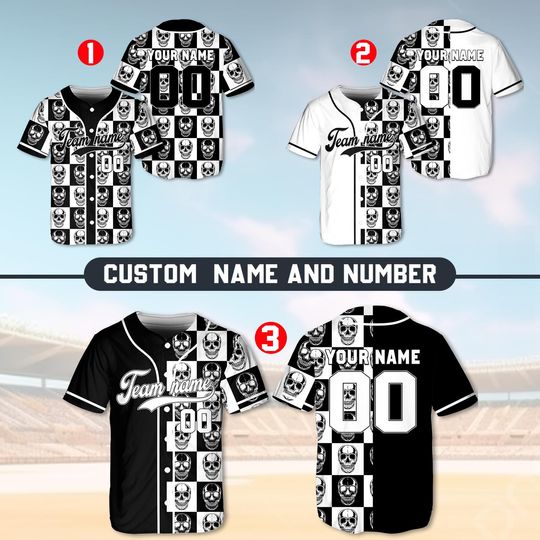 Custom Skull Checkerboard Baseball Jersey, Personalized Gothic Sports Shirt, Punk Rock Team Uniform, Custom Name & Number Athletic Jersey