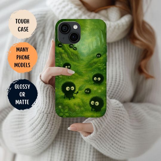 Anime Phone Case, Ghibli Inspired Soot Sprite Phone Case, Forest Spritis in Moosy Woods, Cute Green Manga Phone Case, Anime Lover Gift