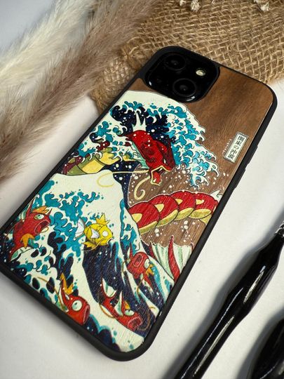 Japanese Monster Red Shiny Dragon Water Anime Manga Handmade Wood Phone Case  for iPhone, Samsung and Google Pixel ,