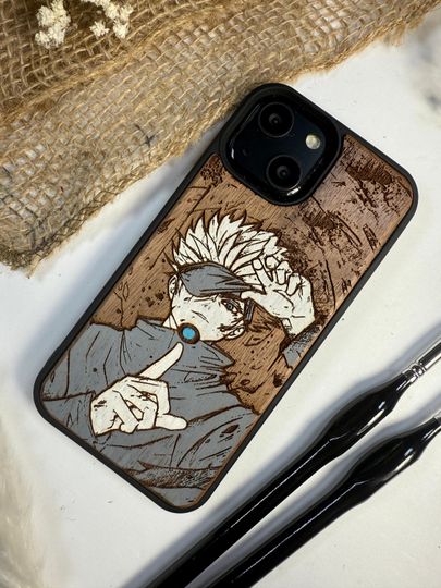Demon Saturo Jujutsu JJK Anime Manga Handmade Wood Phone Case  Wooden Cover for iPhone, Samsung and Google Pixel ,