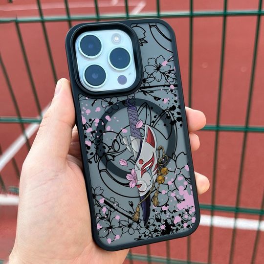 Fox Mask Katana iPhone 16 Pro Max Case, Sakura Sword Phone Cover for iPhone 15 with MagSafe, Japanese Fox Art Case
