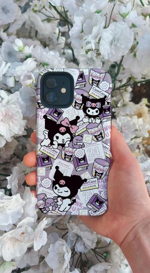 Purple Cute Kuromi Tough Phone Case, Lavender Cutecore iPhone Case Kawaii Edgy Sanrio Aesthetic Phone Cover, Gift for Girly Anime Protection