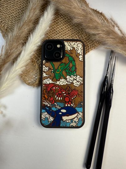 Japanese Monster Legendary Red Blue Green Anime Manga Handmade Wood Phone Case  for iPhone, Samsung and Google Pixel ,