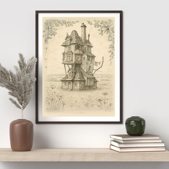 The Burrow Sketch Whimsical Harry Potter Digital Print Weasley House Cottagecore Decor