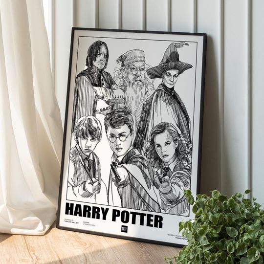 Harry Potter Hand-Drawn Characters Digital Art, Hogwarts Wall Decor Poster