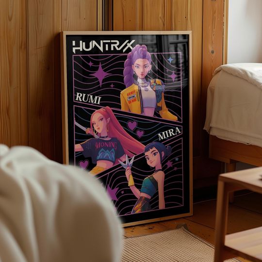 Kpop Demon Hunters Huntrix group poster featuring Mira, Rumi, Zoey  fan art, wall art