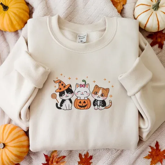 Halloween Cat Embroidered Sweatshirt, Witch Cat Skeleton Cat Fall Crewneck, Spooky Cat Sweatshirt, Halloween Party