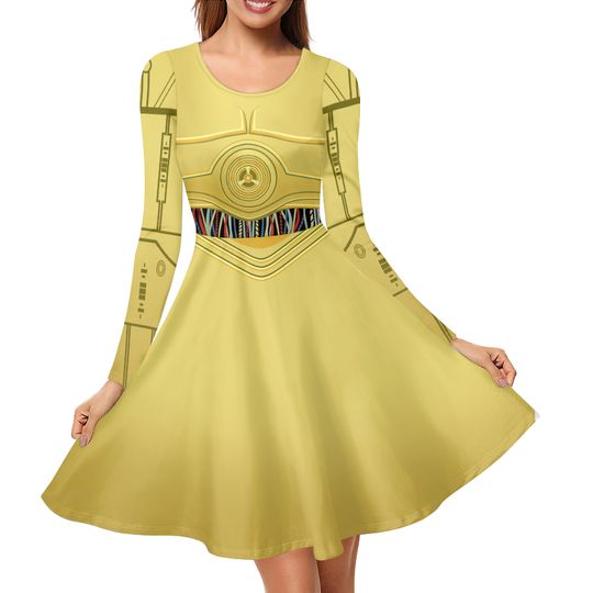 C3PO Inspired All-over print long sleeve midi dress
