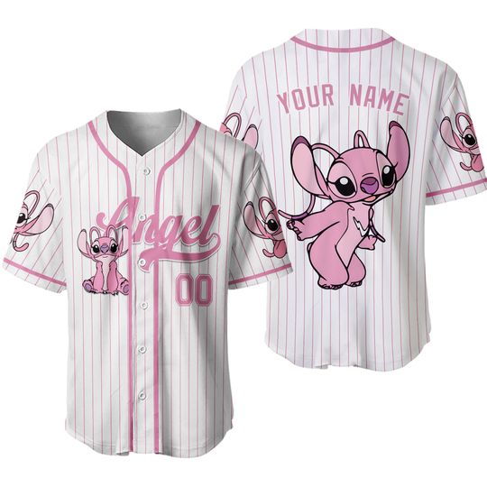 Personalized Angel Baseball Jersey, Stitch And Angel Jersey Shirt, Baseball Shirt With Name, Jersey For Men, Carton Character Gifts