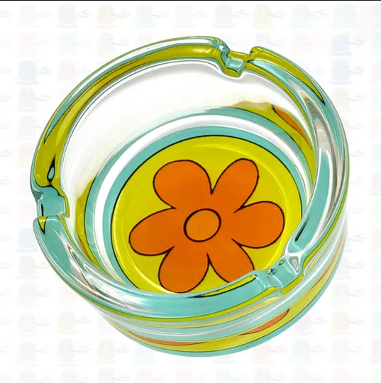 Groovy 60s 70s Flower Power Glass Ashtray – Retro Peace Floral Novelty