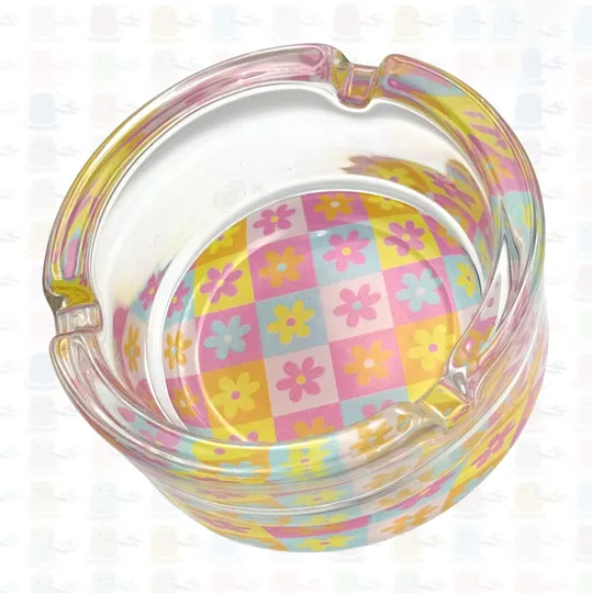 Pastel Flower Checkboard Glass Ashtray – Colorful Retro Novelty Gift