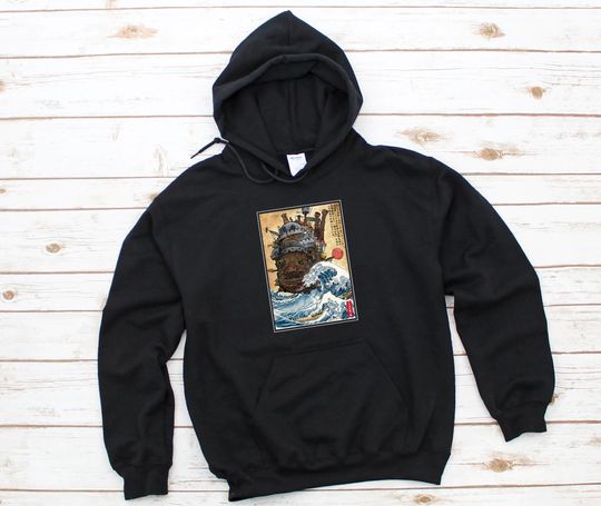 Studio Ghibli Moving Castle Hoodie, Great Wave Kanagawa Japanese Anime Miyazaki Hoodies