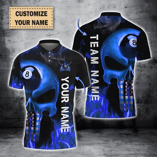 Custom Blue Skull Billiards Polo Shirt, 8 Ball Pool Team Shirt with American Flag