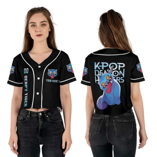 Kpop Demon Hunter Tiger Croptop Baseball Jersey, Derpy Tiger & Bird Demon Hunter Tiger