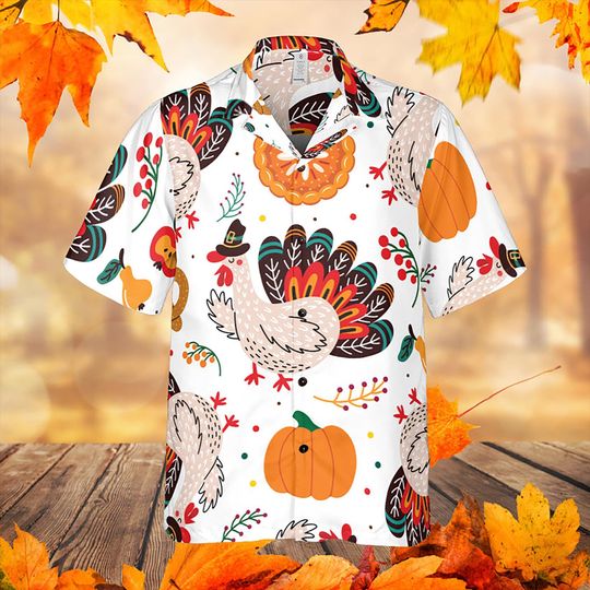 Funny Thanksgiving Hawaiian Shirt with Turkey, Pumpkin & Fall Leaves Print for Men, Autumn Holiday Festival Top