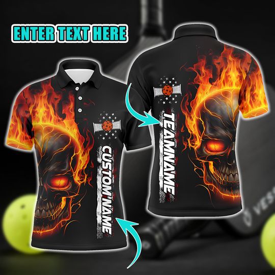 Orange Flame Skull Pickleball Polo, 3D American Design